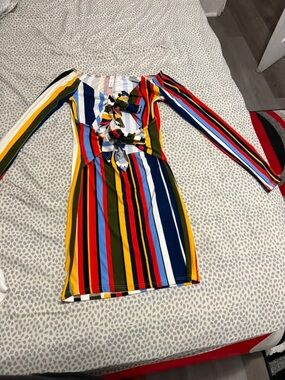 Multicolor Striped Long Sleeve Tie-Front Dress